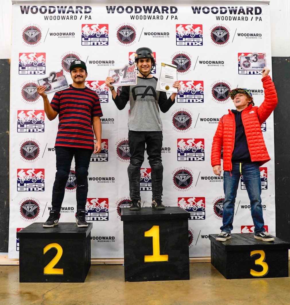 Free Agent flow team riders Kaden Stone and Dante Tabuyo on the podium in first and second place at the first ever USA BMX freestyle championship at Woodward, PA.